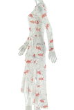 Goldfish Print Lace Collar Maxi Dress Ruffle Slit Sheer Bodycon Dress