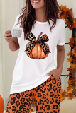Halloween Print Tee & Leopard Pants Two Piece Set Casual Comfort Holiday Loungewear