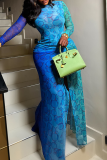 Bubble Print Sheer Maxi Dress Twist Slit Bodycon Long Sleeve Dress