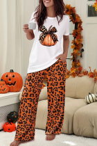 Halloween Print Tee & Leopard Pants Two Piece Set Casual Comfort Holiday Loungewear