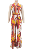 Printed Halter Plunge Jumpsuit Wide Belt Wide Leg Fashion Romper