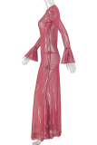Polka Dot Sheer Maxi Dress Ruched Waist Long Sleeve Bodycon Dress