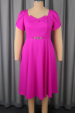 Plus Size Puff Sleeve Waist Dress Rhinestone Trim Midi Elegant Gown