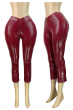 Shiny Textured Cross Waist Capri Leggings Stylish Versatile Piece