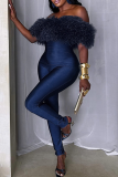Fuzzy Off-shoulder Jumpsuit Slim Fitted Stylish Party Piece