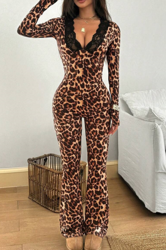 Lace Deep V Printed Jumpsuit Slim Flared Pants Stylish Piece
