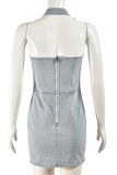 Halter Cutout Denim Dress Waist Slit Bodycon Mini Skirt