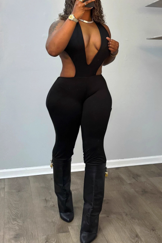 Sexy Solid Color Backless Halter Skinny Jumpsuits