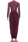 Long-sleeve Slim Dress Ruched Wrap Design Elegant Maxi Gown