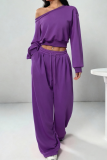 Off-shoulder Cropped Sweatshirt Drawstring Wide-leg Pants Casual Stylish Two-piece Set