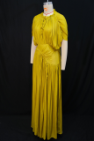 Drawstring Crew Neck Pleated Dress Asymmetrical Design Maxi Elegant Dress