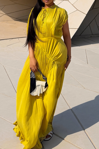 Drawstring Crew Neck Pleated Dress Asymmetrical Design Maxi Elegant Dress