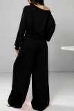 Off-shoulder Cropped Sweatshirt Drawstring Wide-leg Pants Casual Stylish Two-piece Set