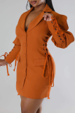 Blazer Collar Puff Sleeve Dress Tie Waist Button-front Gown