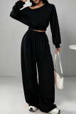 Off-shoulder Cropped Sweatshirt Drawstring Wide-leg Pants Casual Stylish Two-piece Set