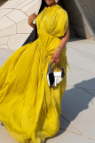 Drawstring Crew Neck Pleated Dress Asymmetrical Design Maxi Elegant Dress