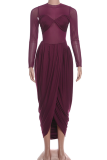 Long-sleeve Slim Dress Ruched Wrap Design Elegant Maxi Gown