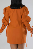 Blazer Collar Puff Sleeve Dress Tie Waist Button-front Gown