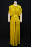 Drawstring Crew Neck Pleated Dress Asymmetrical Design Maxi Elegant Dress