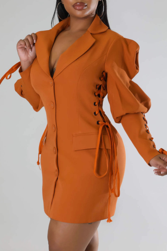 Blazer Collar Puff Sleeve Dress Tie Waist Button-front Gown