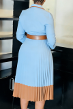 Blazer Collar Contrast Pleated Dress Belted Long-sleeve Gown