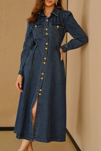 Casual Solid Color Buckle Turndown Collar Long Sleeve Bodycon Denim Dresses