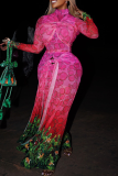 Printed Turtleneck Maxi Dress Tie Waist Sheer Mesh Gown