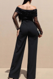 Casual Solid Color Pearls Decor Off Shoulder Bodycon Jumpsuits