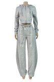 Hooded Cropped Top Rope Accent Wide-leg Pants Casual Two-piece
