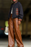 Plaid Patchwork Stand Collar Jacket Contrast Button Drawstring Coat