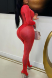 Sexy Solid Color See-Through O Neck Skinny Jumpsuits