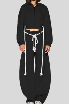 Hooded Cropped Top Rope Accent Wide-leg Pants Casual Two-piece
