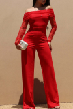 Casual Solid Color Pearls Decor Off Shoulder Bodycon Jumpsuits