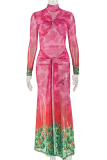 Printed Turtleneck Maxi Dress Tie Waist Sheer Mesh Gown