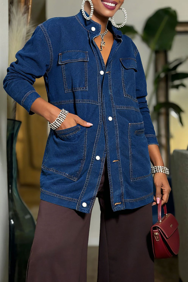 Stand Collar Multi-pocket Denim Coat Mid-length Button-front Jacket