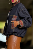Plaid Patchwork Stand Collar Jacket Contrast Button Drawstring Coat