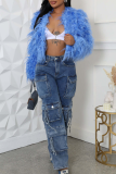 Feather Fringe Cropped Jacket Oversized Fluffy Open Front Top