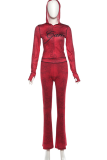 Hooded Zipper Printed Two-Piece Sheer Bodycon Set