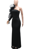 One-Shoulder Tulle Ruffle Maxi Bodycon Dress