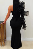 One-Shoulder Tulle Ruffle Maxi Bodycon Dress
