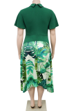 Collar Contrast Botanical Print Midi Dress Retro Waist-Fit Flared Work Gown