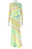 Rainbow Gradient Off-Shoulder Bodycon Maxi Dress Vacation Style Gown