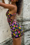 Black Multi-Color Floral Spaghetti Strap Mini Dress Vacation Bodycon Gown