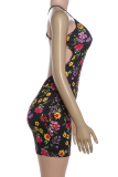 Black Multi-Color Floral Spaghetti Strap Mini Dress Vacation Bodycon Gown