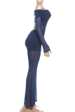 Navy Sheer Off-Shoulder Jumpsuit Sexy Chain-Accent Wide-Leg Outfit