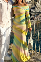 Rainbow Gradient Off-Shoulder Bodycon Maxi Dress Vacation Style Gown