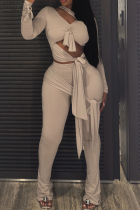 Nude Tie-Front Cutout Two-Piece Set Edgy Bodycon Long-Sleeve Pants Outfit