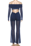 Navy Sheer Off-Shoulder Jumpsuit Sexy Chain-Accent Wide-Leg Outfit