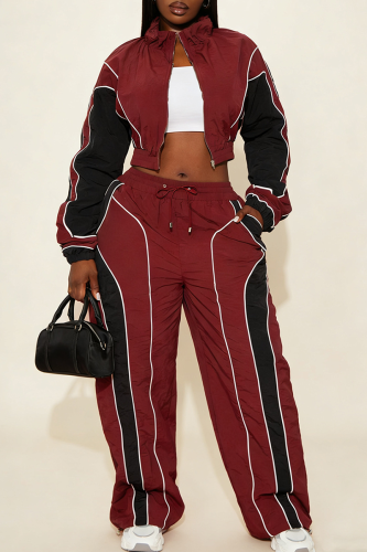Color-Block Stripe Cropped Jacket & Wide-Leg Pants Set Casual Sporty Two-Piece Outfit