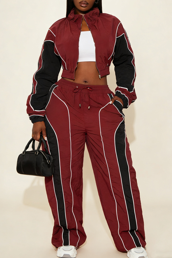 Color-Block Stripe Cropped Jacket & Wide-Leg Pants Set Casual Sporty Two-Piece Outfit